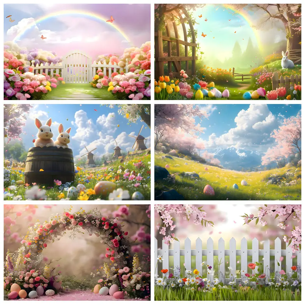 Happy Easter Backdrops For Photography Garden Fence Colorful Eggs Green Grass Rabbit Baby Shower Kids Portrait Photo Background