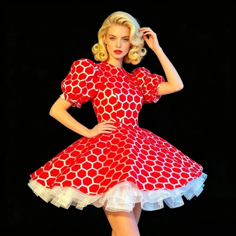 Women Spanish Dance Team Jazz Performance Clothes Pink Red Fluffy Mini Dress Festival Clothing Party Club Sexy Stage Costume