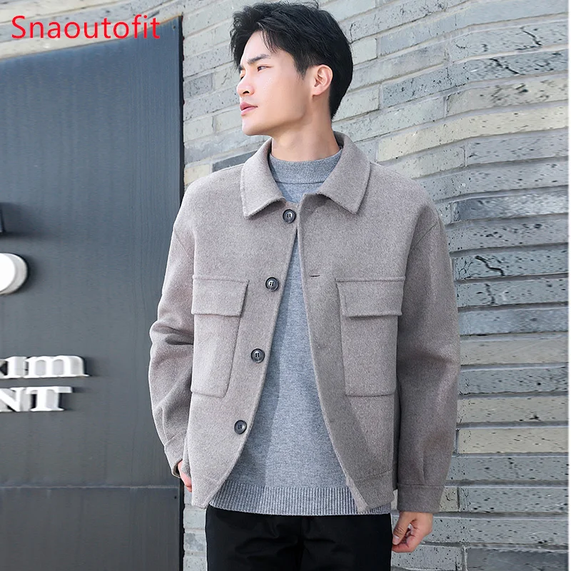 

Autumn and Winter Men's Double-Sided Woolen Coat Loose Jacket Collar Short Style Young Man Cashmere Coat Top Tidal Current