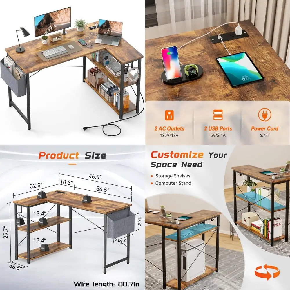 

Reversible 47 L-Shaped Desk with Outlets, USB Ports, Shelves - Rustic Brown Corner Office Desk