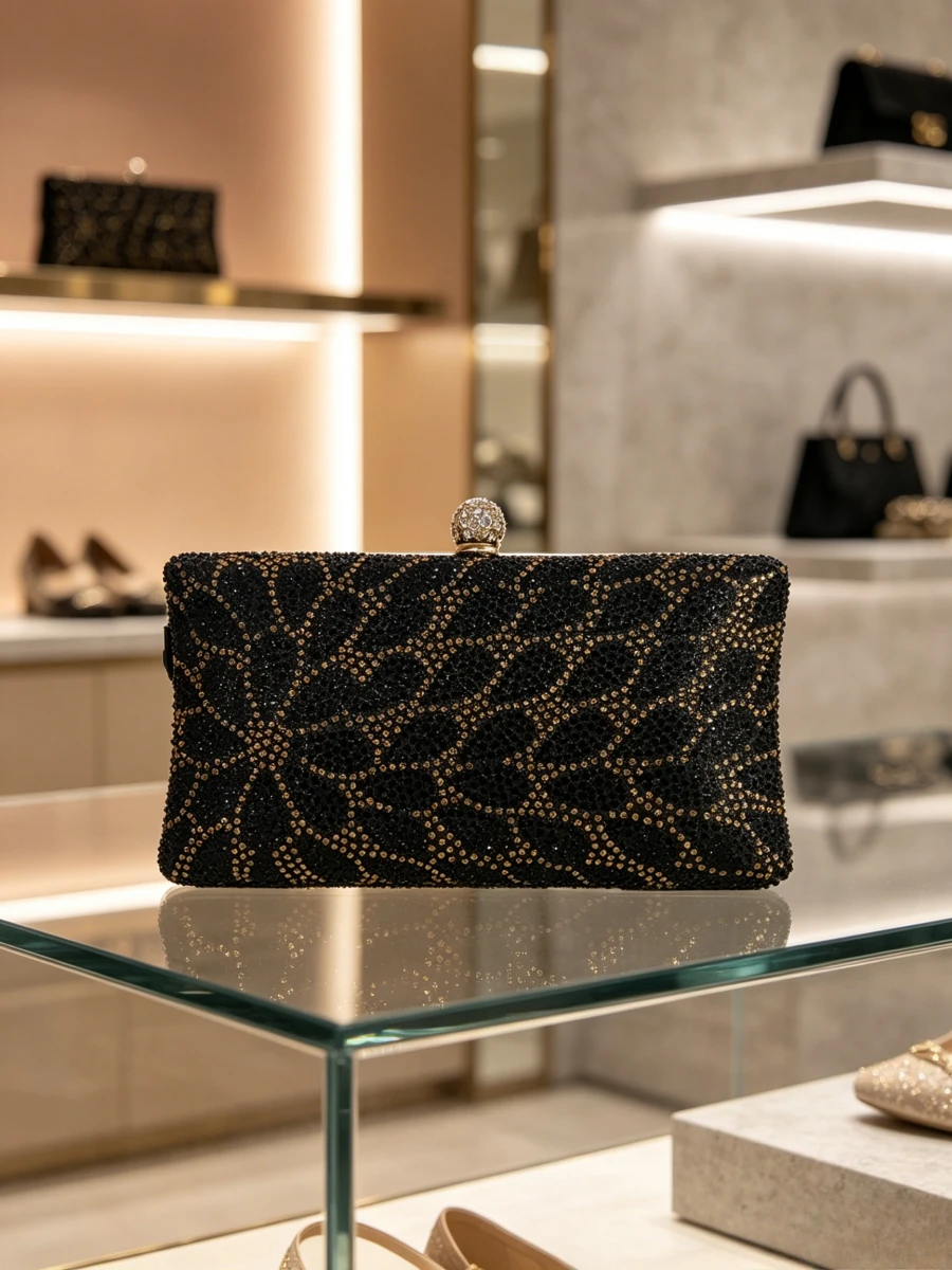 Bolso de mano de noche vintage 2026 con rejilla negra y dorada de diamantes de imitación, cartera rígida para cenas formales, para damas de mediana edad para salidas nocturnas