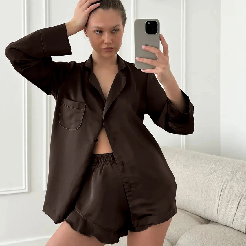 HiLoc Brown Casual Woven Elastic Women'S Pajamas 2-Piece Long Sleeve Lapel Single-Breasted Shirt Elastic Waist Shorts 2026 Fall