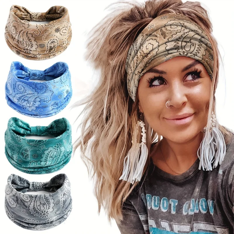 4PCS Bohemian Paisley Pattern Hairbands for Women Flexible Non-Slip Hair Ties Stylish Knot Design for Athletic And Fashion Use