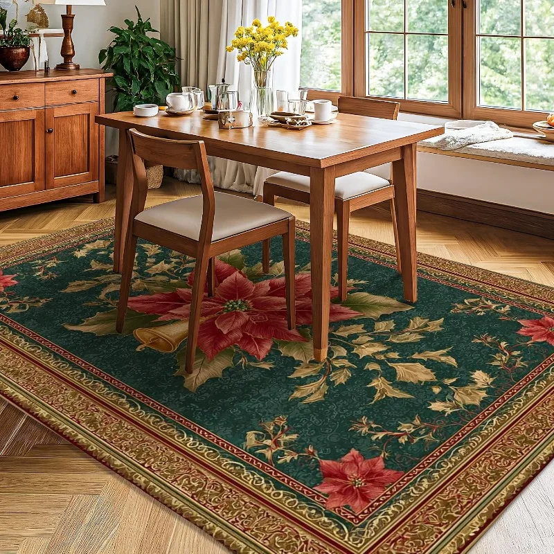 Pinecones Area Rug, Christmas Rustic Holly Berries Red Carpet, Xmas Home Floor Rug for Living Room Bedroom Dining Office Decor