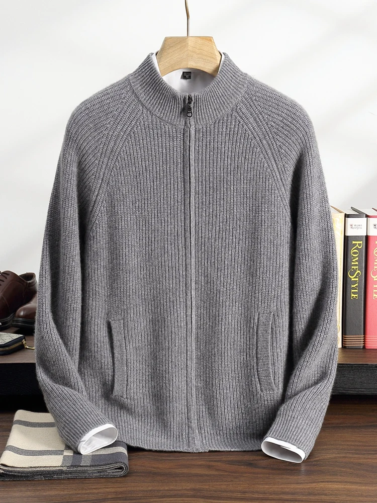 

Warm Men's Zippers Cashmere Cardigan Mock Neck Thick Sweater Autumn Winter Raglan Sleeve 100% Cashmere Knitwear Soft Casual Tops