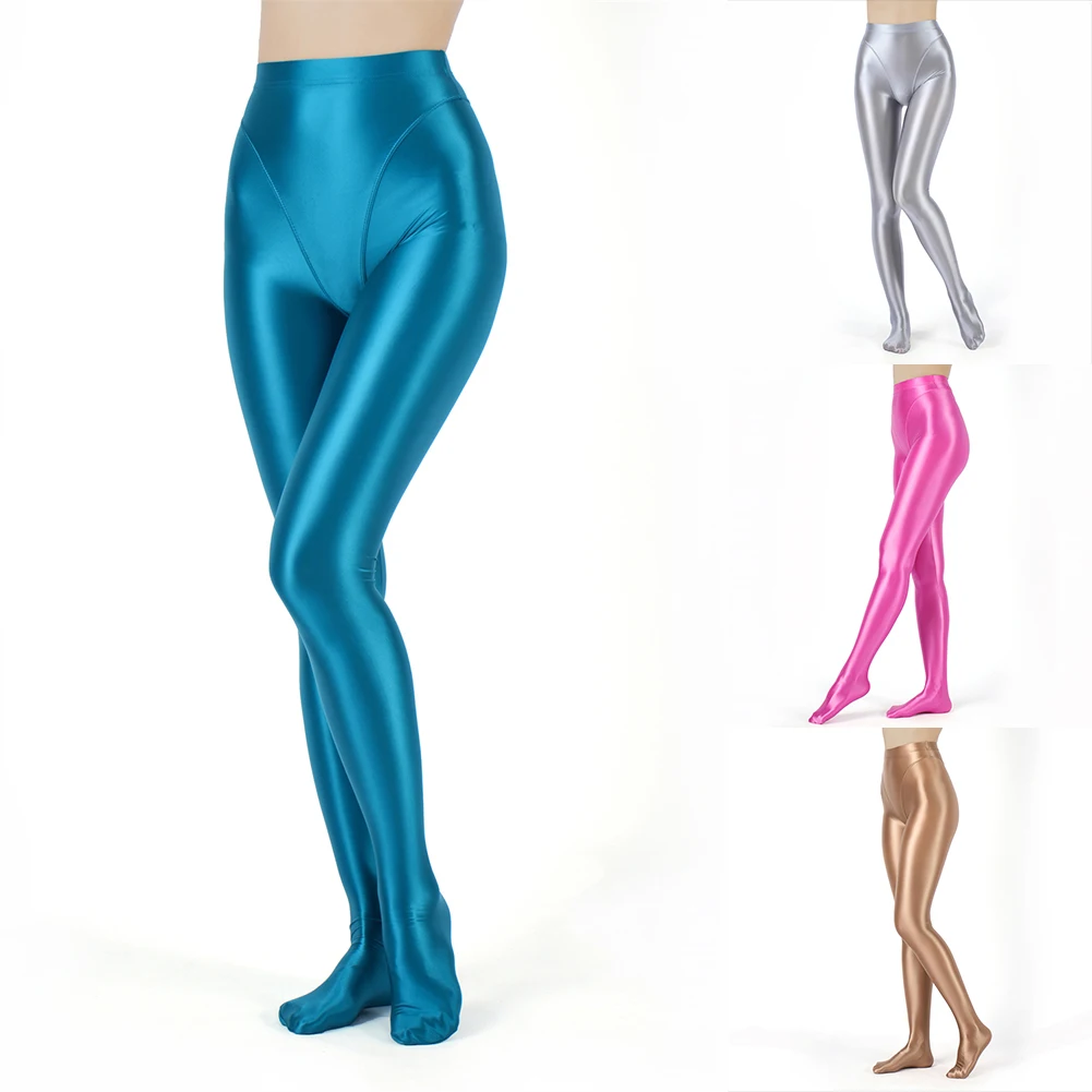 Women Sexy Tight Pantyhose Oil Glossy Elastic Yoga Shaping Pants Ladies Sheer See Through Leotard Jumpsuit Stretch Leggings