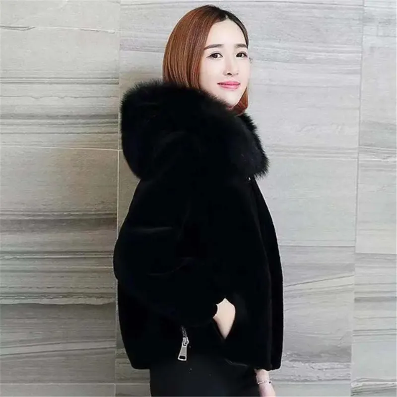 Spring Autumn Lmitation Fur Coat Women 2023 New Hooded Fur Collar Jacket Pure Colour Loose Outerwear Fashion Short Tops Female