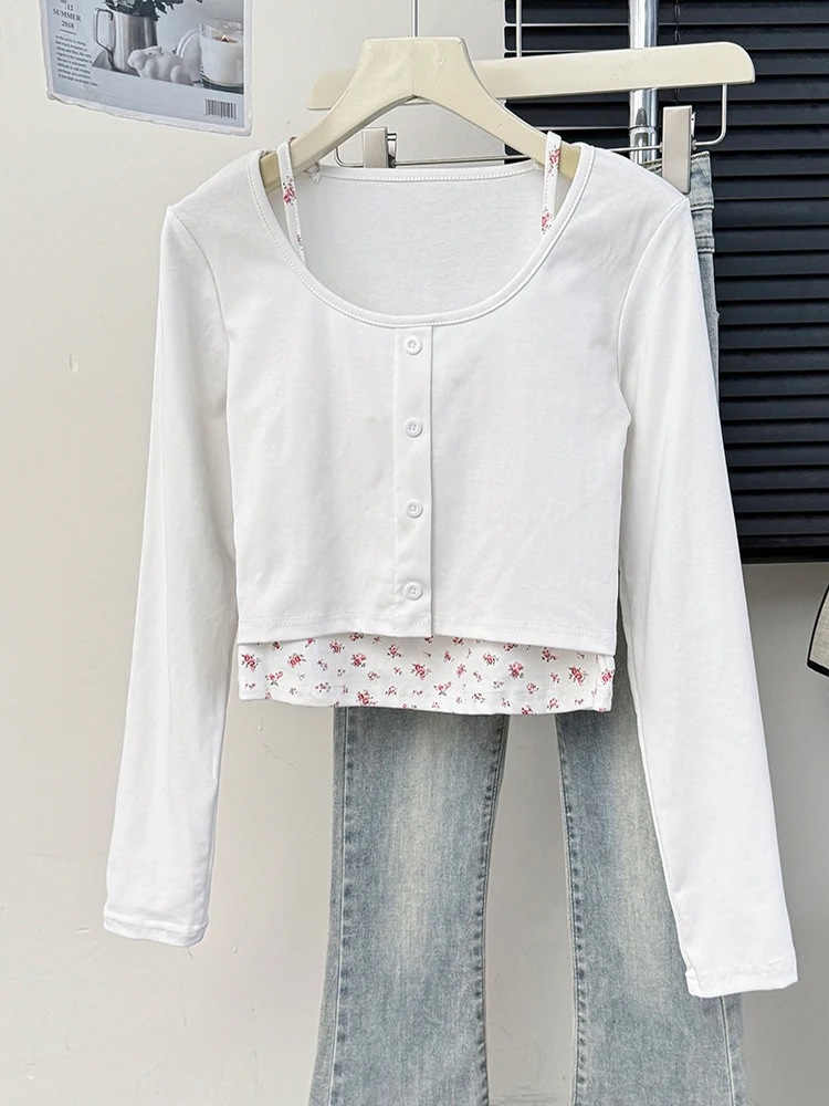 Patchwork Long Sleeved Floral T-shirt For Women 2024 Autumn New Slimming Short Tops Chic Simple Pullover Ladies Clothing