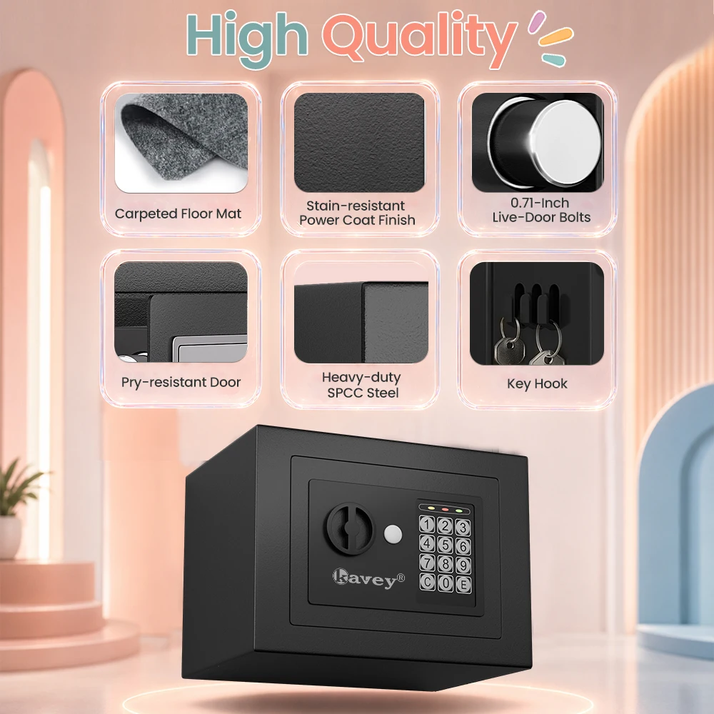 Digital Security Safe Box for Home, Electronic Keypad Lock Box for Money, Jewelry, Important Documents and Guns, Emergency Spare Keys, Mountable Personal Safety Safe for Home, Office, Hotel & Household Storage view 7