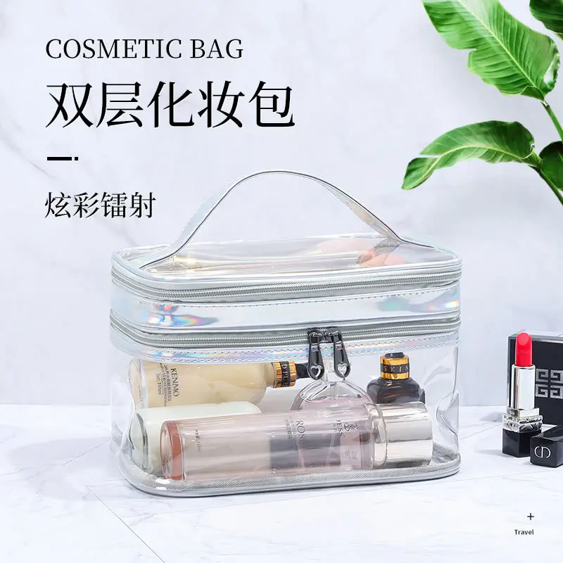 Ins Transparent Double Layer Makeup Bag Colorful Laser Large Capacity Cosmetic Bags Pouch PVC Waterproof  Make Up Organizer Bag