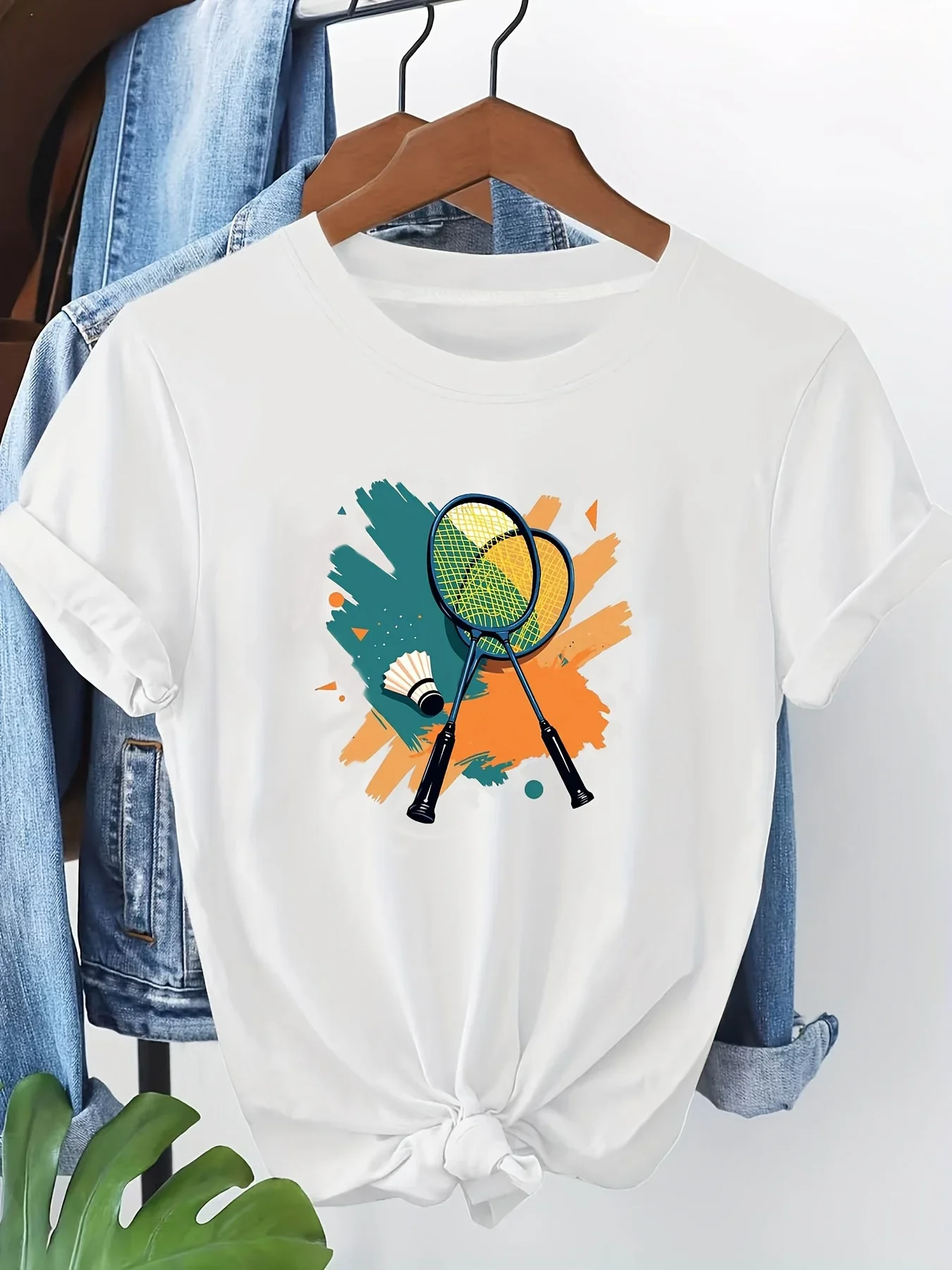 Clearance Sales Women's Clothing Blocking Printed with Badminton Racket Pattern Sleeve Round-Neck  Suitable Spring Free Shipping