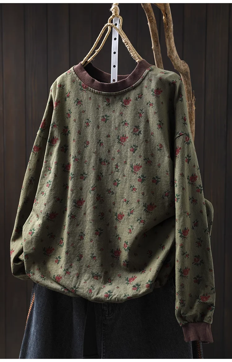 Plus size tops women autumn long sleeve floral print sweatshirts vintage cotton loose pullover middle-aged women\'s clothing