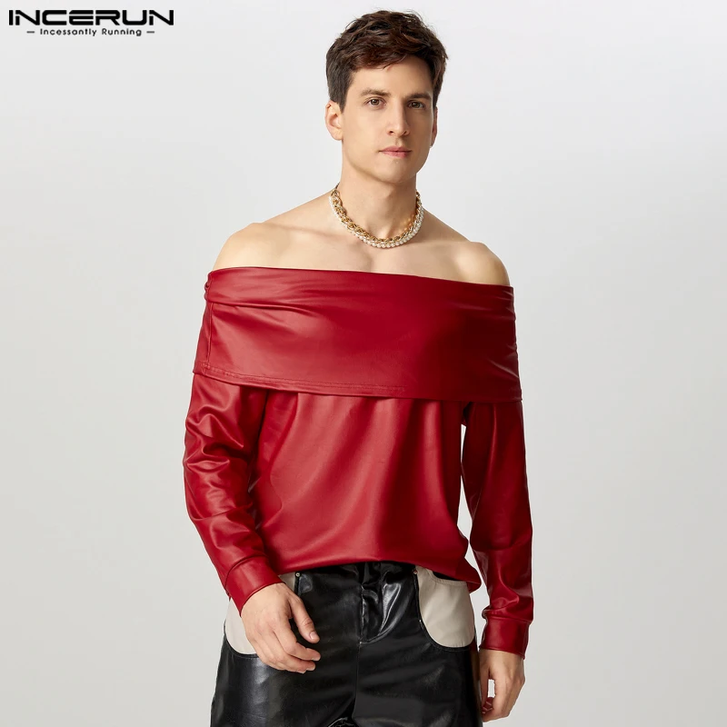 INCERUN 2024 Men Sexy Tops Stylish One Shoulder Design T-shirt Handsome Male Clubwear Hot Sale Solid Long Sleeved Camiseta S-5XL