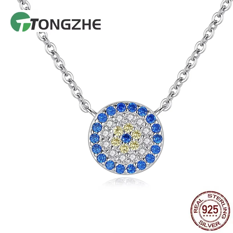 TONGZHE Round Evil Eye Necklaces AAA CZ For Women Link Chain Fashion 925 Sterling Silver Necklace Turkey Jewelry