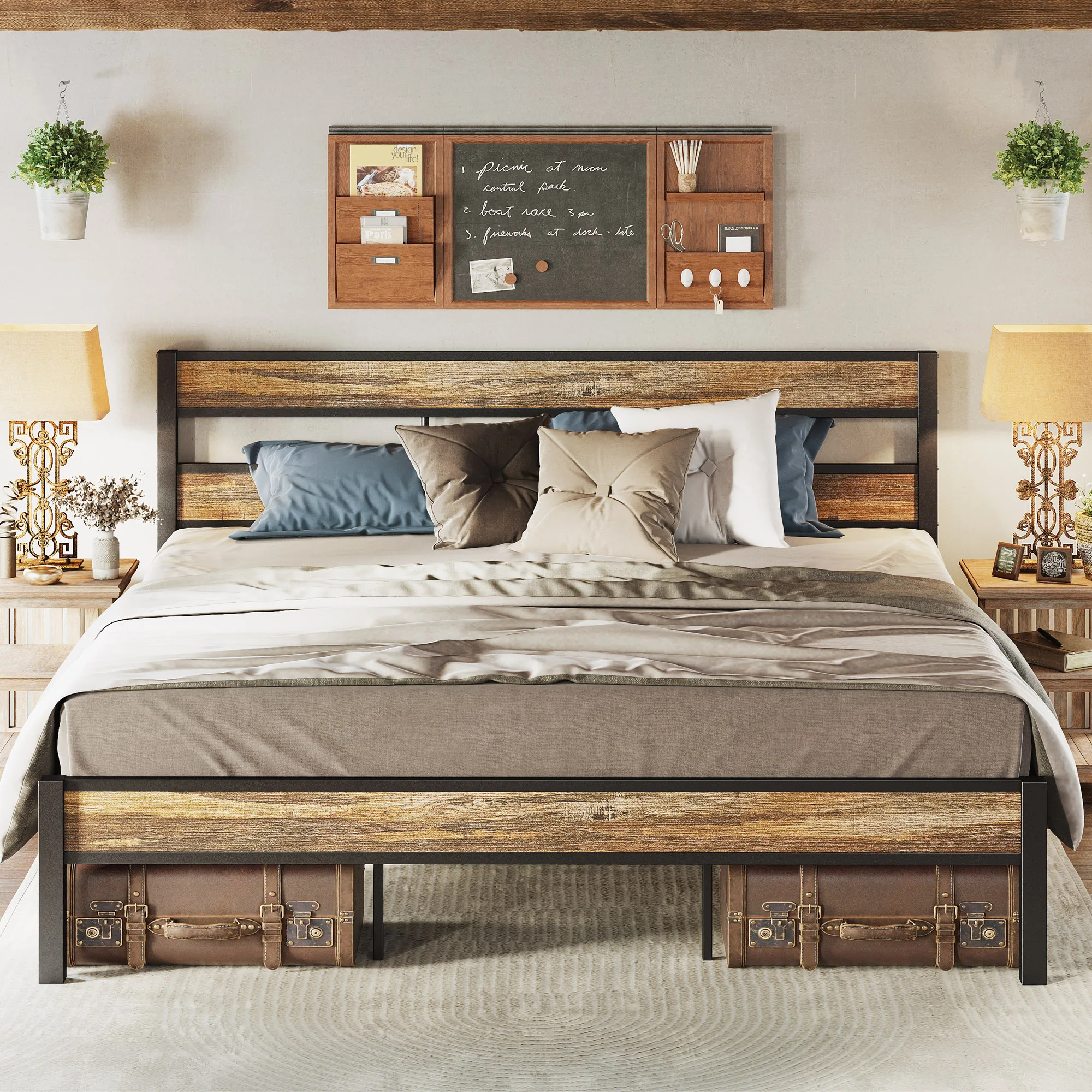 King Bed Frame and Headboard, Easy Assembly, Noise-Free, No Box Spring Needed, Heavy Strong Metal Support Frames, Double-Row Sup