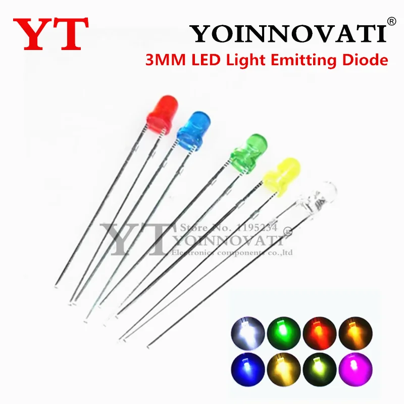 100PCS -1000PCS 3mm LED Diode F3 White Green Red Blue Yellow Orange Pink Purple Warm White Light Emitting Diode