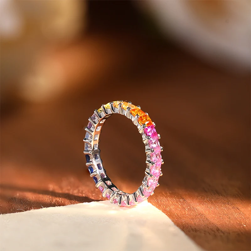 KEEP YES Rainbow Gradient Color Princess Cut 2.5*5.5mm Lab Grown Gemstone Synthetic Sapphire Ring for Women 925 Sterling Silver