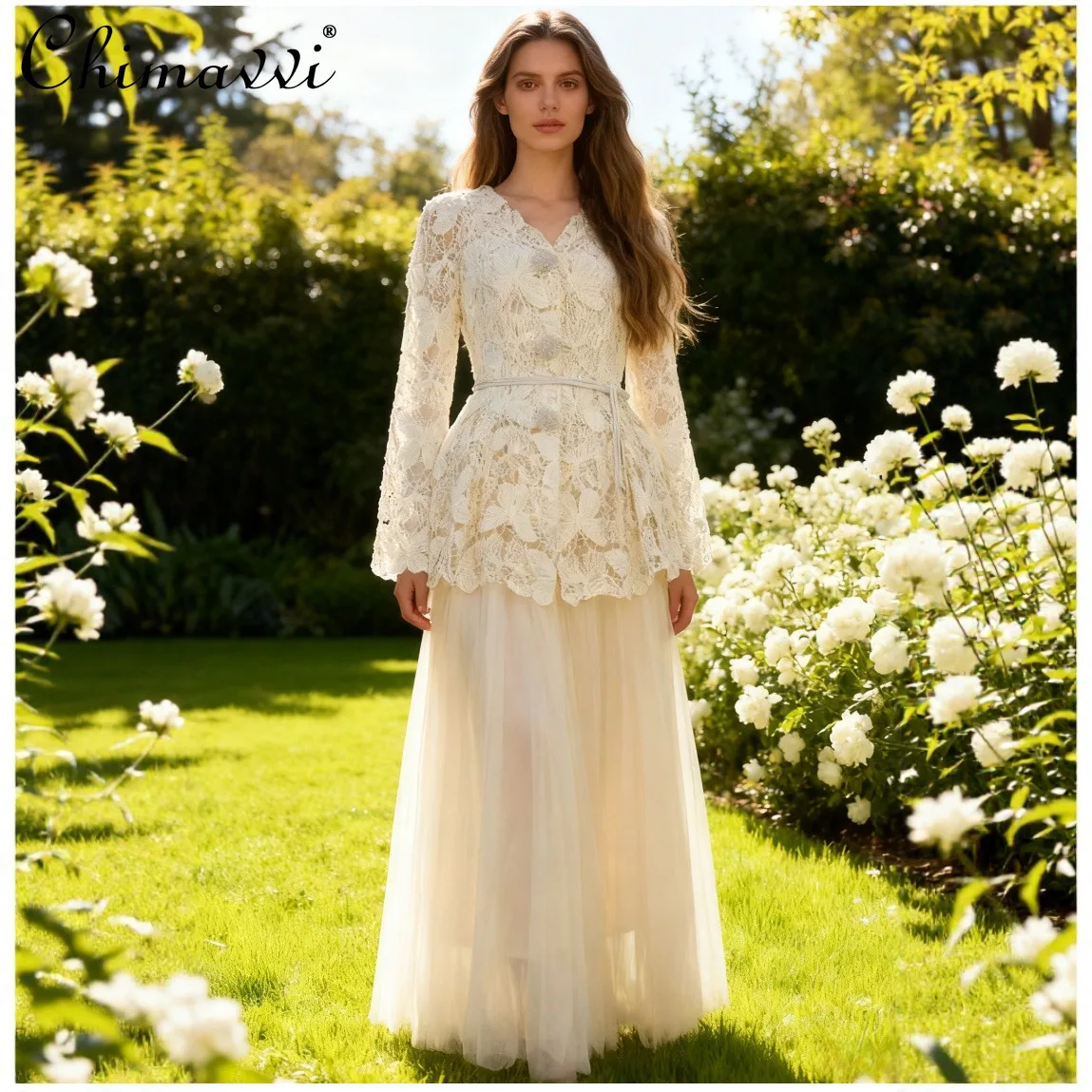 Conjunto de dos piezas de faldas largas de malla para mujer, camisa de encaje con cordones, manga larga, cuello en V, moda francesa elegante, Top de cintura alta, corte en A, otoño