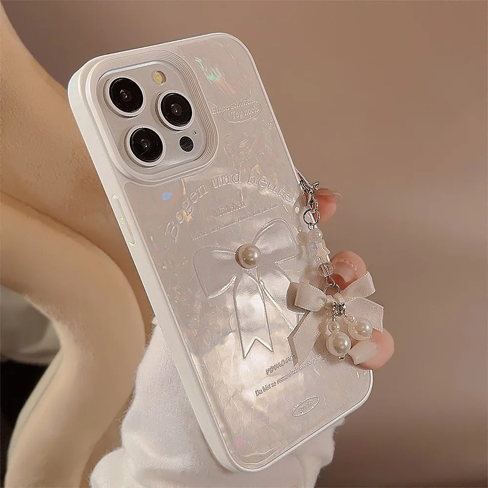 Cute White Bow Phone Case For iPhone 15 14 13 12 11 Pro Max Hanging Silicone Shockproof Bumper Cover 3D Three-dimensional Pearl