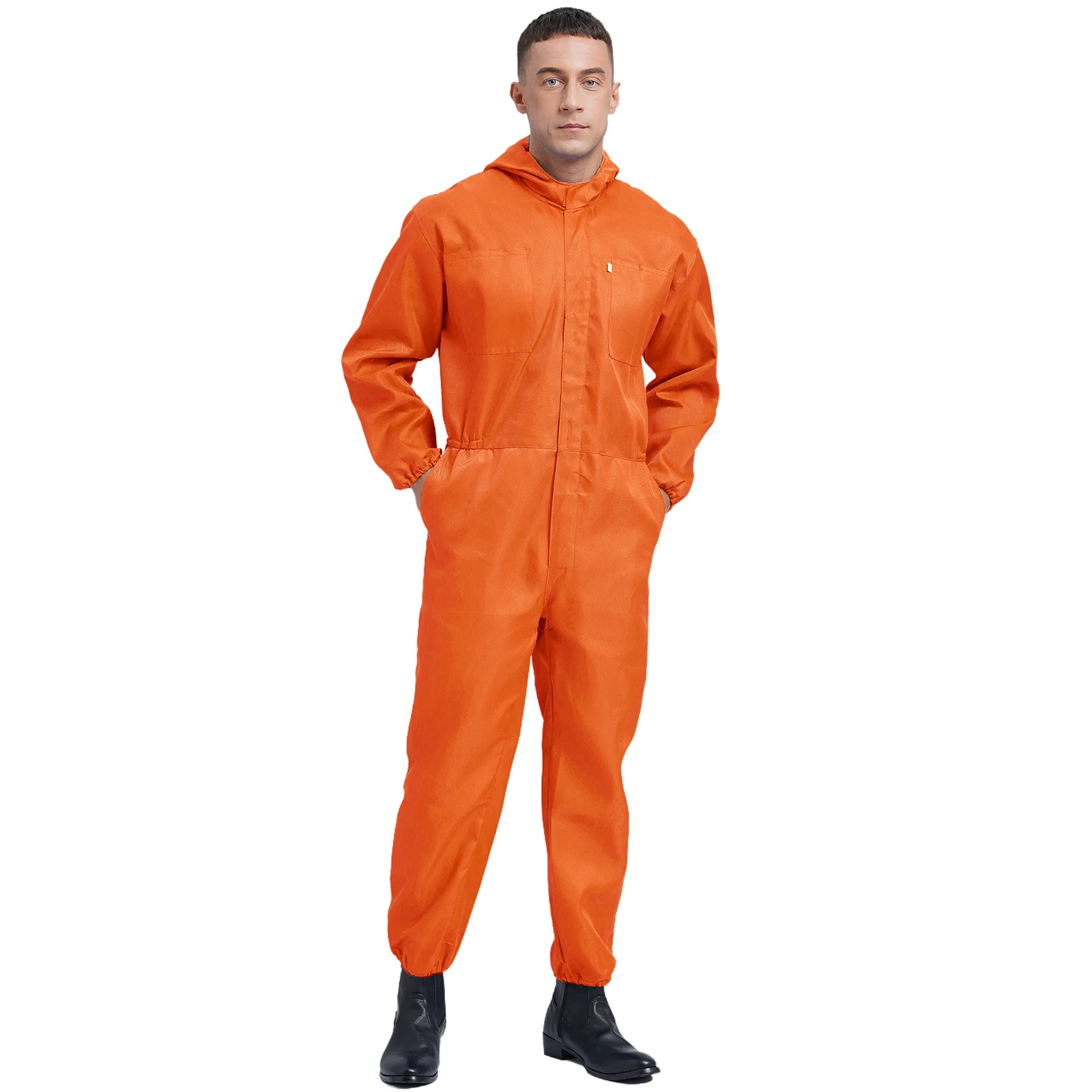 Mens น้ําหนักเบา Hooded Coverall Jumpsuits ครึ่งซิปกันฝุ่นแขนยาวทํางานเครื่องแบบทํางาน Overalls Mechanics Workwear