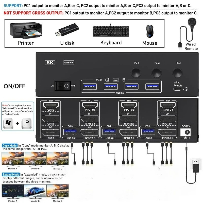 HDMI KVM Switch 3x3 8K@60Hz Keyboard Mouse Switch USB 3.0