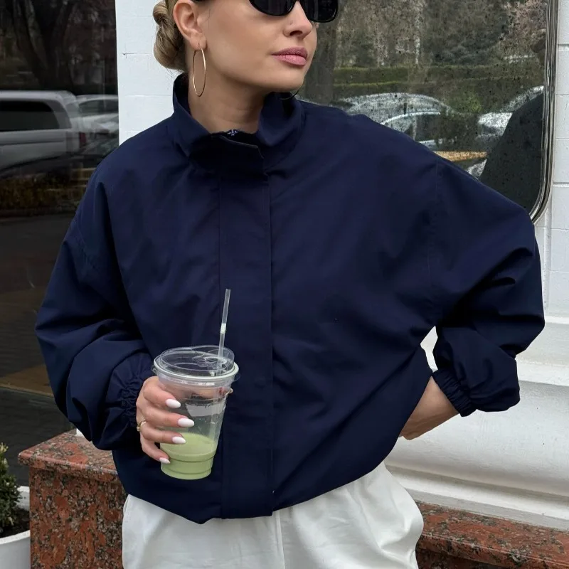 Autumn Stylish Commuter Short Jacket Stand-up Collar Metal Zipper Closure Off-the-shoulder Sleeve Silhouette Casual Women's Coat
