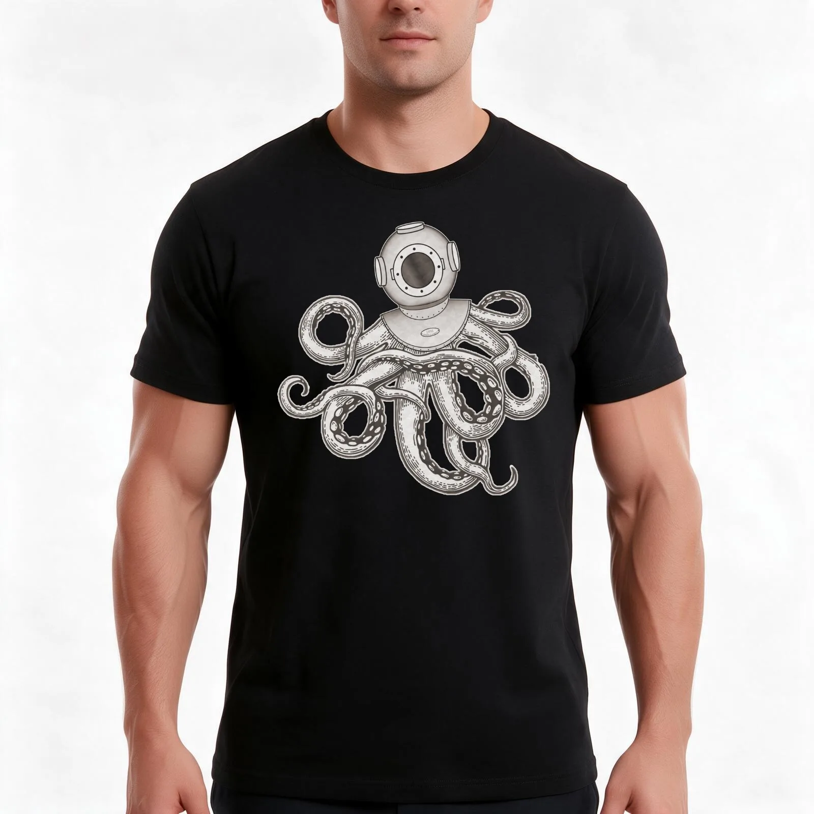 Steampunk Octopus With Diving Bell T-Shirt, Summer Casual Cotton Tee, Oversized Streetwear Tops, Vintage Graphic Print