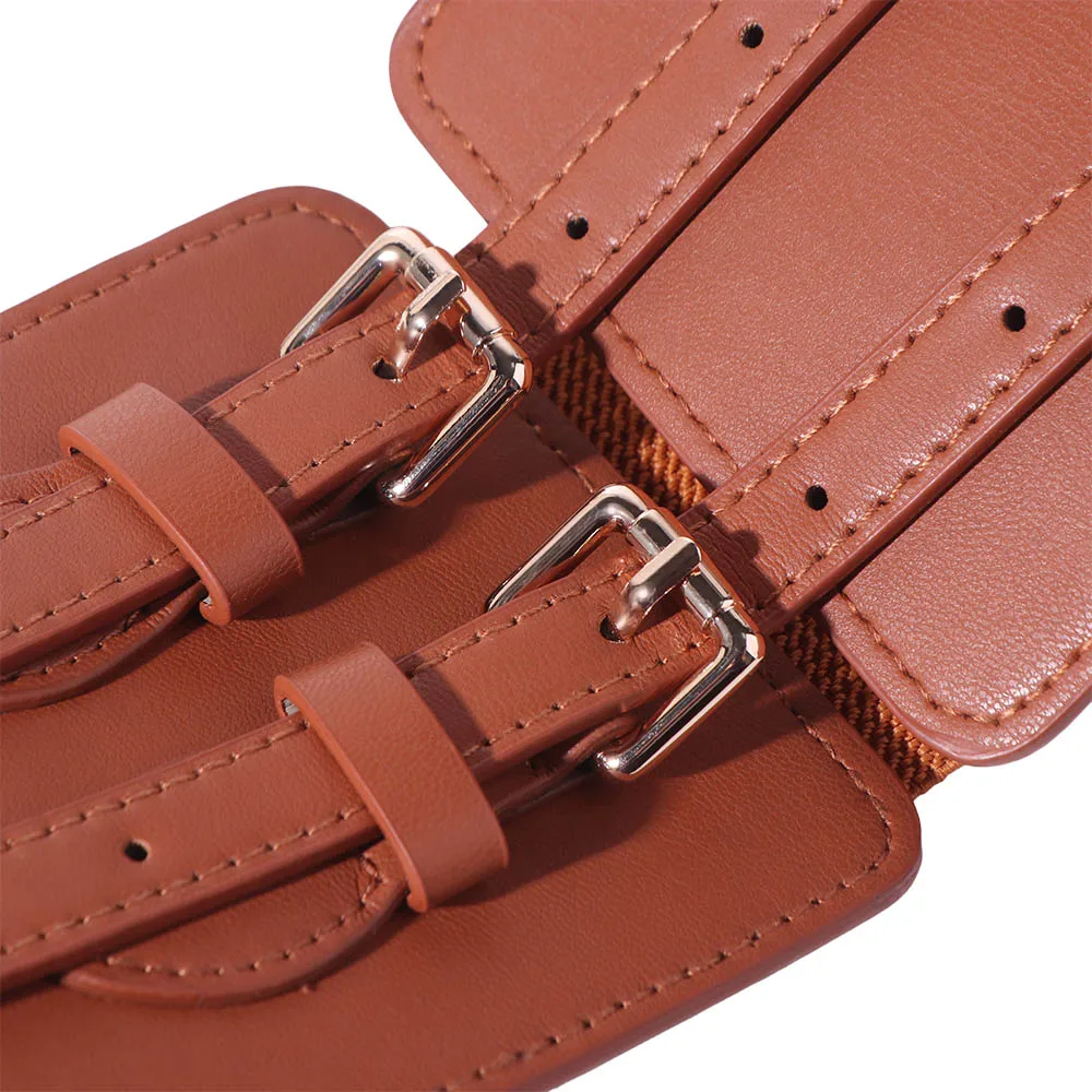 Korset Pinggang Elastis Kulit PU Fashionable, Dapat Disesuaikan, Warna Solid, Pelangsing, Lebar, untuk Wanita