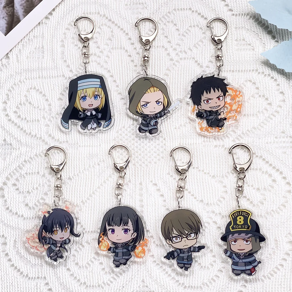 7PCS Llaveros de acrílico con personajes de anime Fire Force, accesorios lindos para coche ​   Llaveros, regalos para amigos, dijes divertidos para bolsos, colgantes para mochilas