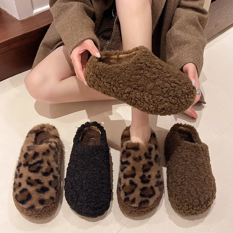 Women Leopard Print Slippers Thick Anti Slip Soft Sole Winter Warm Plush Lined Indoor Outdoor Bedroom Casual Slip On Footwear
