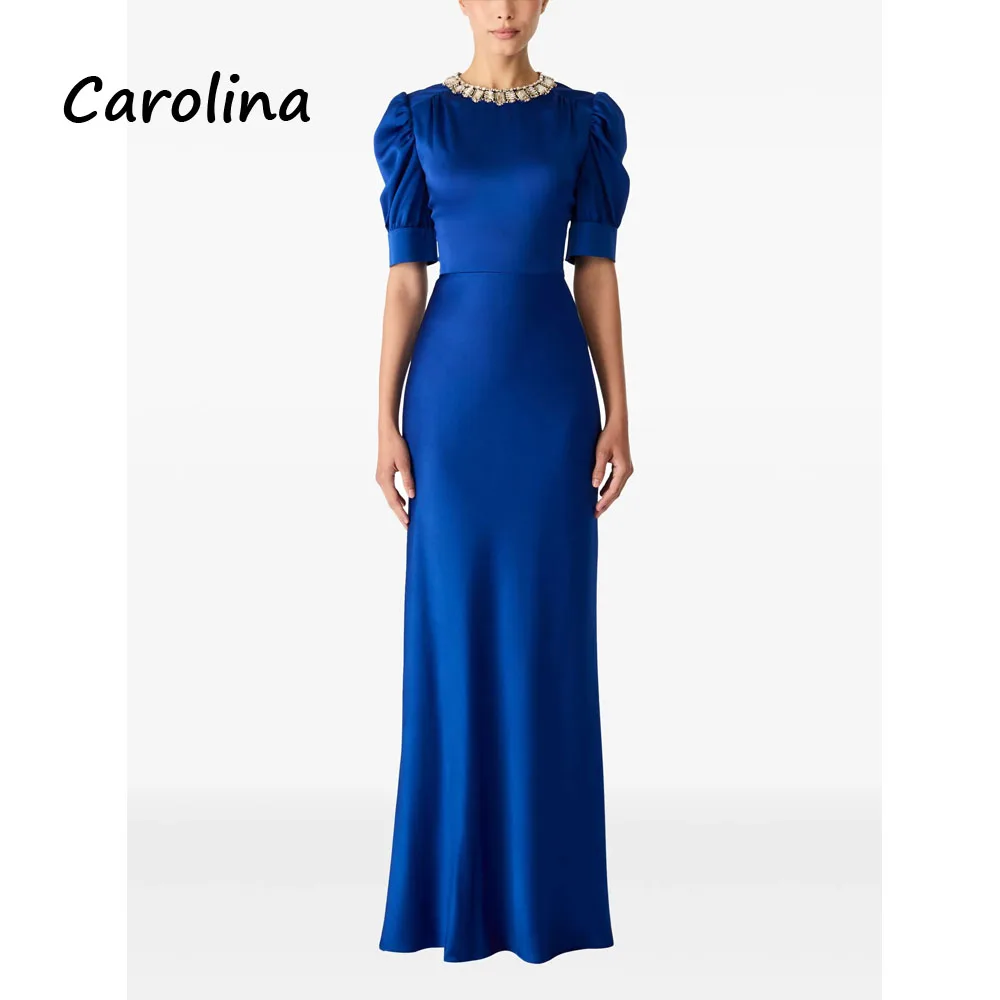 

Carolina Customized Royal Blue Satin Party Dress Beading O-Neck Prom Dress Half Sleeves Pleat Mermaid Formal Evening Dress