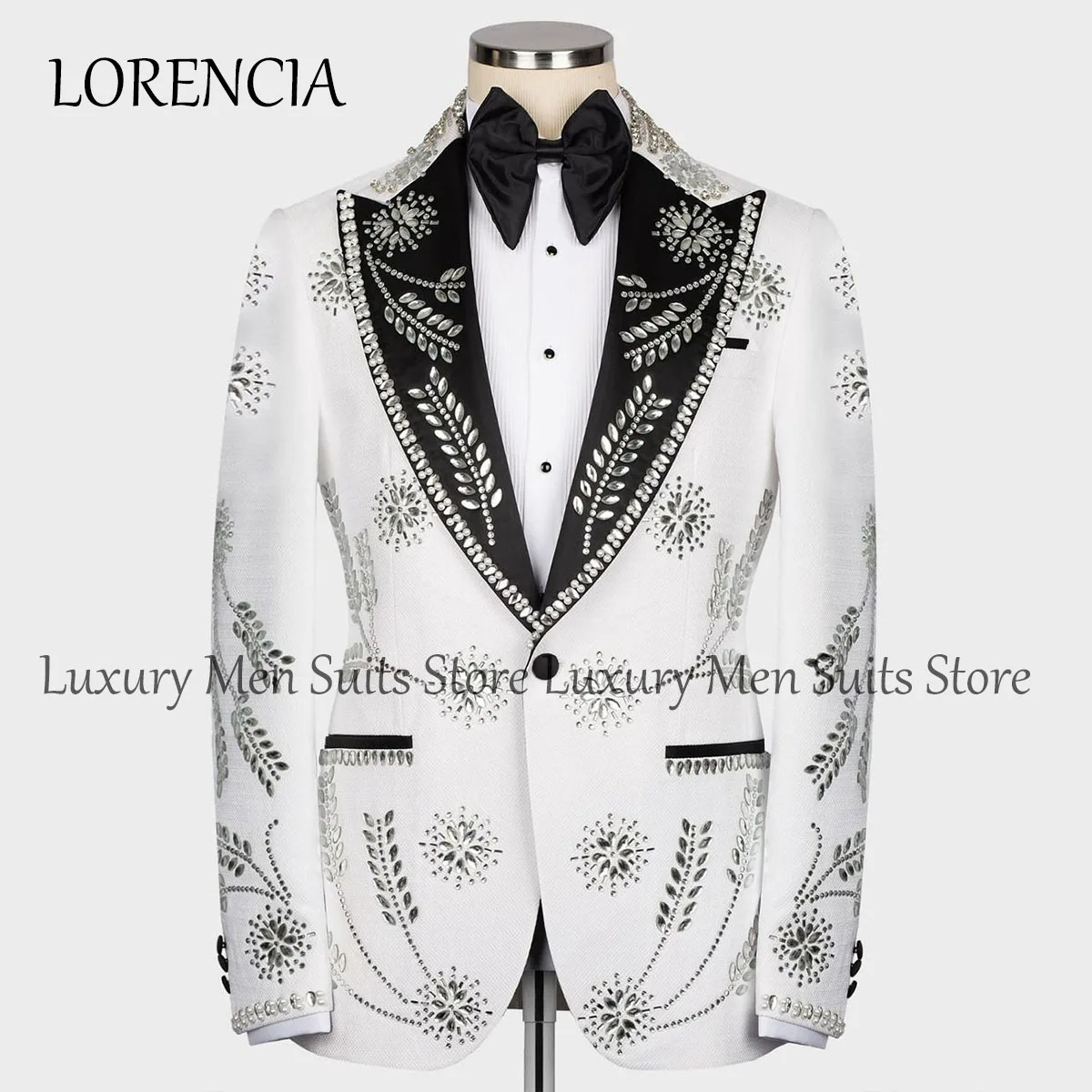 

Crystal Men Suits Beads Peak Lapel Groom Wedding Tuxedos Slim Fit 3 Pieces Sets Male Prom Blazer Single Breasted Costume Homme