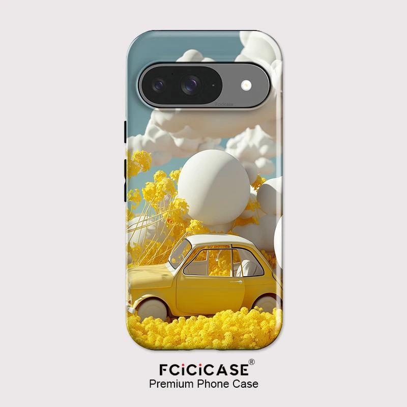 

Fcicicase For Pixel 10 9 Pro XL Cute Yellow Car Print Phone Case For Google Pixel 7A 8A 10A 8 9 Pro Shockproof Acrylic Cover