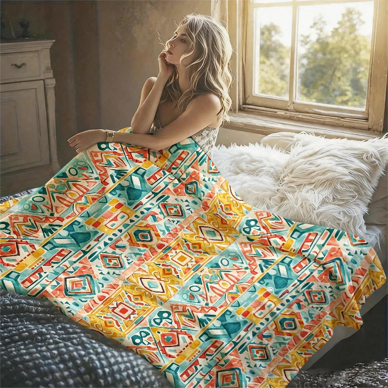 Colorful Aztec Geometric Flannel Blanket Soft Warm Christmas Halloween Blanket for Lightweight Cozy Room Home Decor Gifts