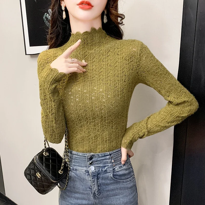 Fashion Autumn Mock Neck Women Blouse Lace Long Sleeve Blouse Shirt Women Tops Camisas Blusa Blusas Camisas De Mujer Shirts M670