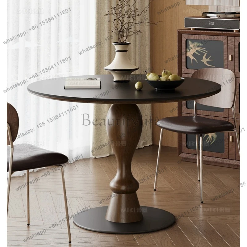 Medieval style round table solid wood rock slab dining table and chair combination simple modern household small apartment