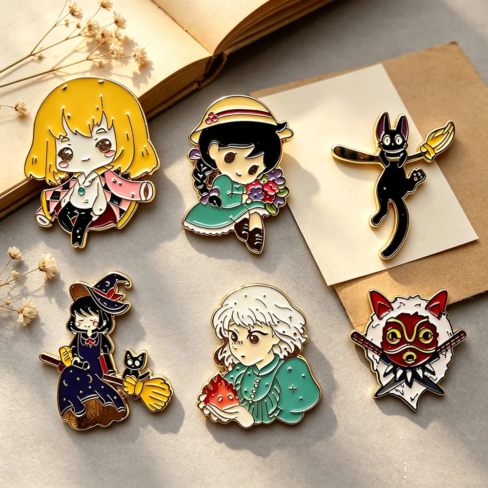 6 Stück japanische Cartoon-Emaille-Pins, Metallbrosche, niedliches Waldelf-Abzeichen, Fantasy-Animationsfilm-Liebhaber-Accessoire – Detail 3