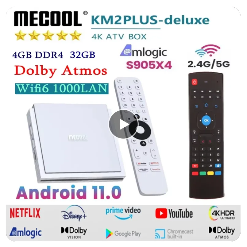 MECOOL KM2 Plus Deluxe Android TV Box с сертификатом Netfilx 4K Doby Atmos/Doby Vision 4 + 32G WiFi6 1000M LAN BT5.0 Медиаплеер