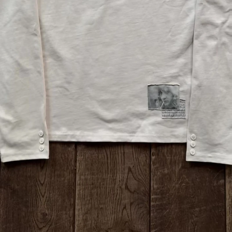 Y2K Retro Sideway Henley Shirt Face Musical Staff Pattern Embroidery Patch Long Sleeve Harajuku Trendy Streetwear Men Clothing