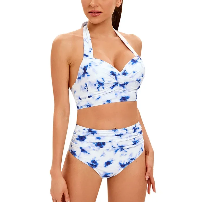 

2024, купальник с высокой талией и принтом, женский двухсекционный бикини, сексуальный купальник с v-образным вырезом на подтяжках, на шнуровке и открытой спиной, летний пляжный купальник