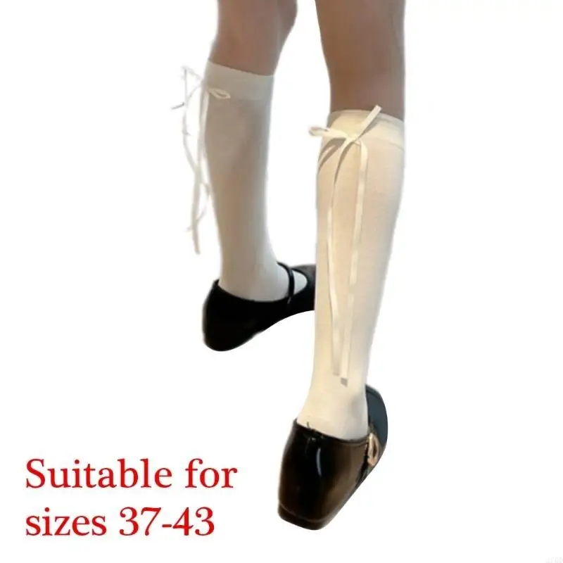 270D Japanese Women Girls Elegant Ribbon Bowknot Long Tube Socks Elegant Breathable Cotton Students Knee Length Stockings