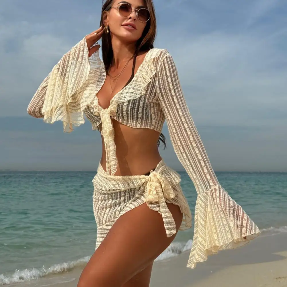 4Pcs/Set Women Swimsuit Set Halter Bra with Lace-up Briefs Suit Ruffle Trim Cover-Up Tops Skirt Set Beachwear Swimwear Outfits