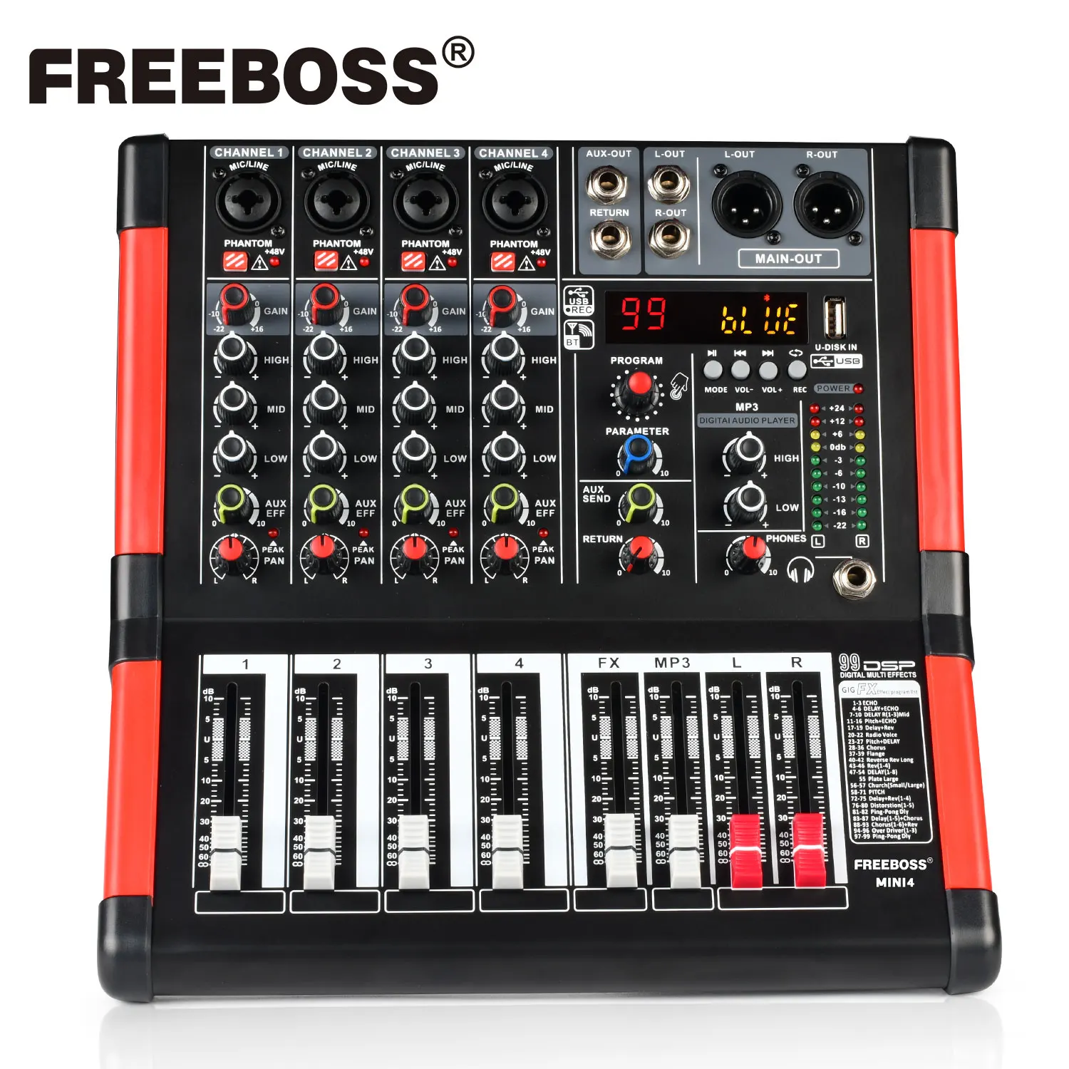 

FREEBOSS 4 Mono Channels Audio Sound Mixer 99 Digital Effect USB Bluetooth 48V Mixing Console for Church Home Karaoke DJ MINI4