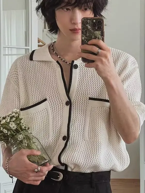 Loose Knitted Men's Short Sleeve Open Cardigan with Pocket Hollow out Design Breathable Summer Shirt Casual Trendy Style