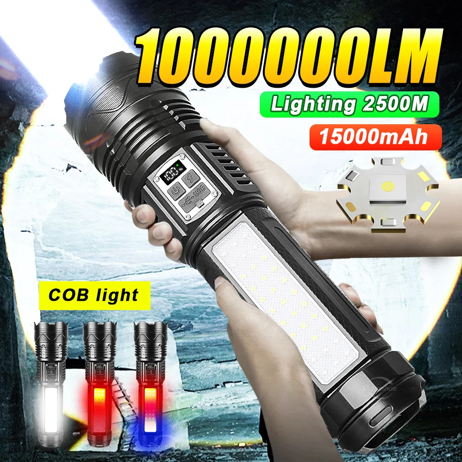 100000 Lumens High Power Flashlight Built in Battery Torch Outdoor Tactical Flashlight Emergency Spotlight Most Powerful Lantern