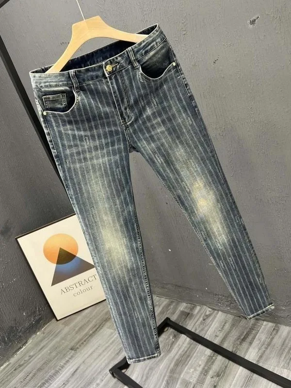 Blue High-End Striped Jeans Men's Fashion Elastic Casual Pants Slim Fit Nine-Piece Pants Youth Trendy Breathable Regular Thic...