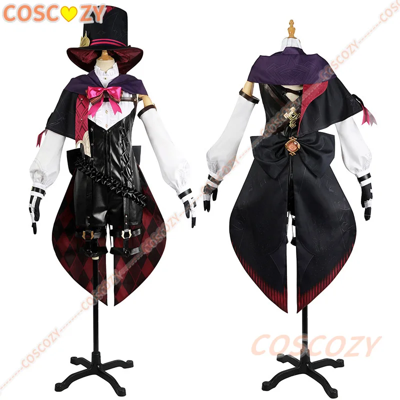 Disfraz de Cosplay de Anime Genshin Impact Lyney, sombrero de mago Fontaine, vestido de uniforme de cuero, falda de pelo corto, guante, traje de Halloween