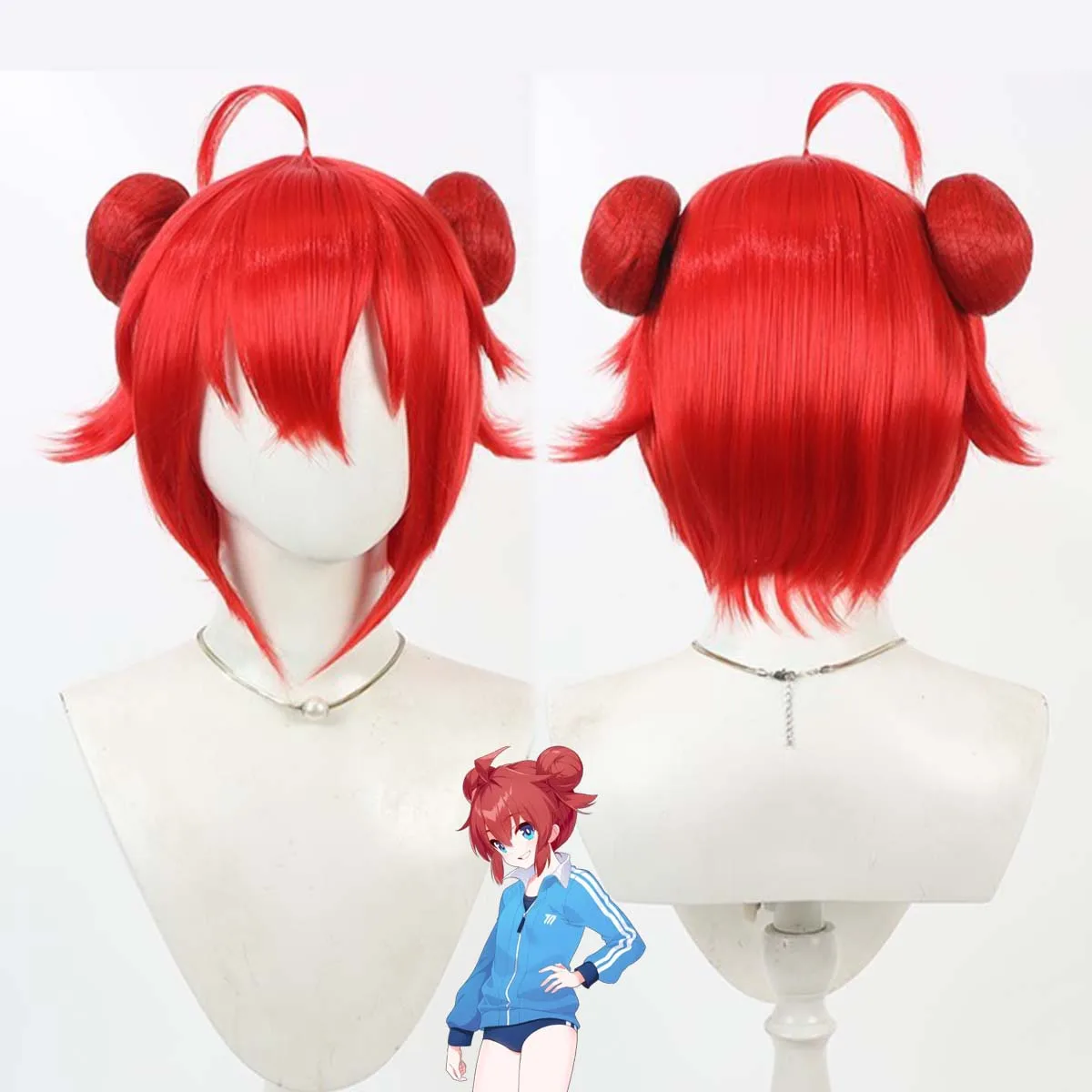 Blue Archive Konuri Maki Cosplay Short Red Heat Resistant Hair Wigs with Buns