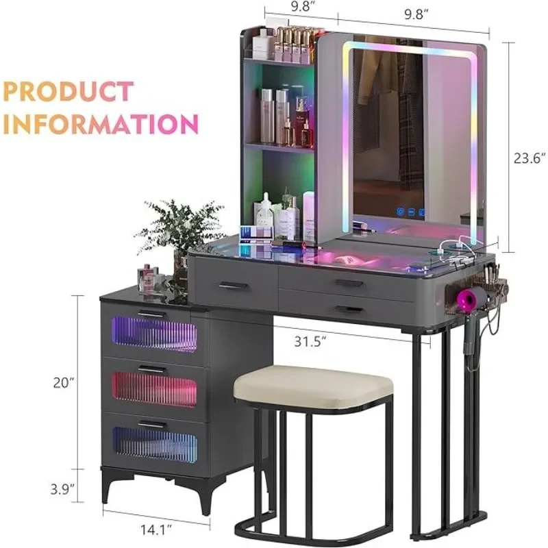 Miu Makeup Vanity Set, 24-Color RGB Lights, Wireless Charging, HD Mirror, Transparent Desktop,  6-Drawer Chest, and Big Storage