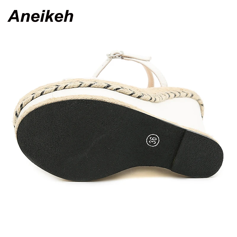 Aneikeh 2025 Summer Grass Woven Slope Heel Comfortable Sandals Ladies Shoes Party PU Platform Buckle Fashion Sandalias Mujer